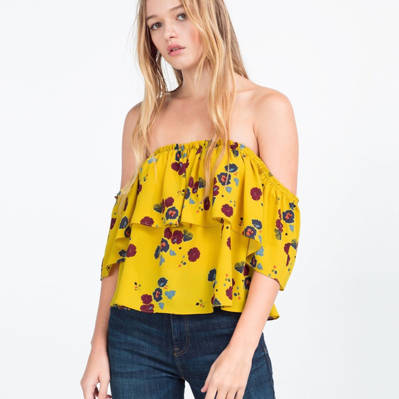 Zara Yellow Floral Off-Shoulder Blouse - Picture 5 of 8
